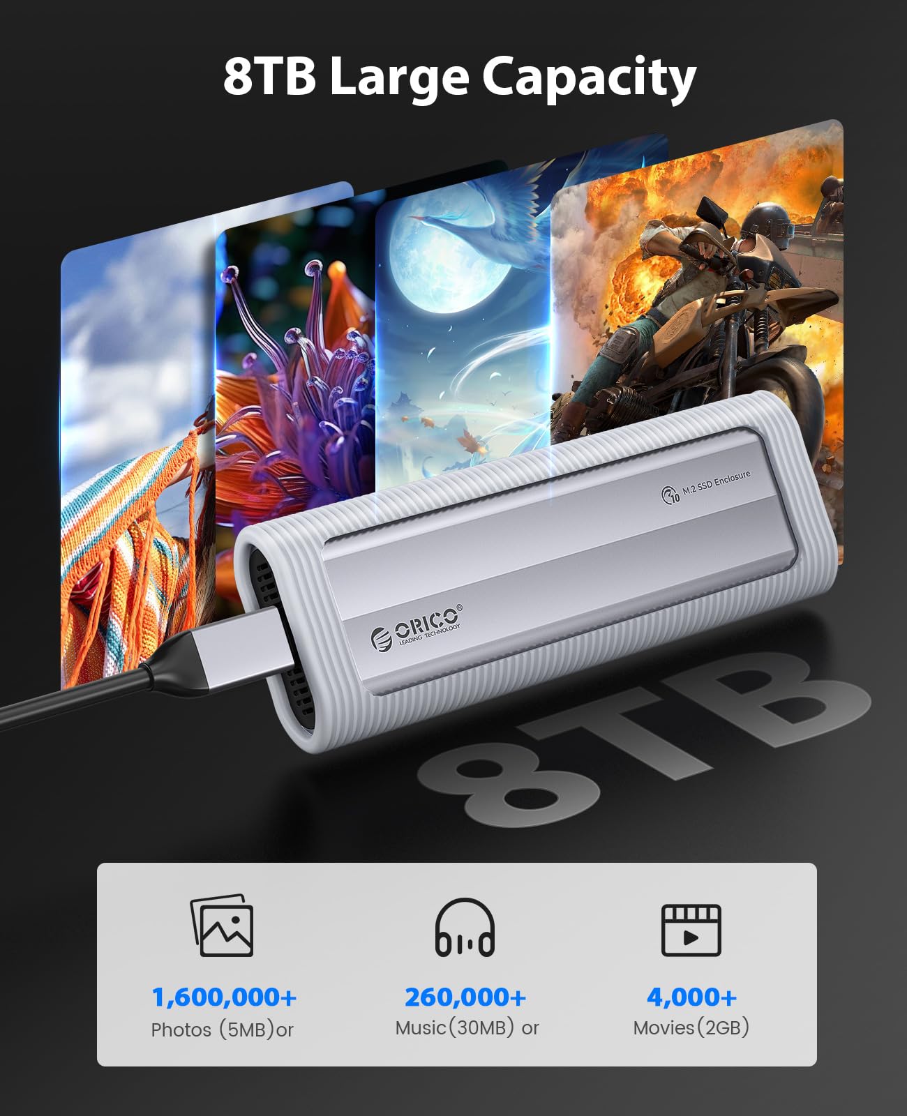 ORICO M.2 NVMe Gehäuse Werkzeugfreies, USB 3.2 10Gbps M2 SSD Gehäuse mit Silikon-Schutzhülle & Schlüsselband, Aluminium NVMe USB Adapter für NVMe PCIe M-Key SSD in 2230/2242/2260/2280-AXM2 7