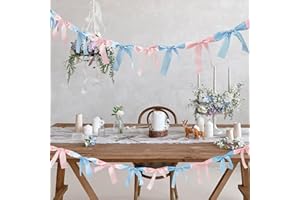 Eanjia Gender Reveal Bow Knot Garland |6ft Gender Reveal Party Decor with 3ft Extend Ribbon Pre-Assembled Satin Ribbon Banners with Baby Pink/Blue Bows Baby Shower No DIY Needed (Pink & Blue, 6ft)