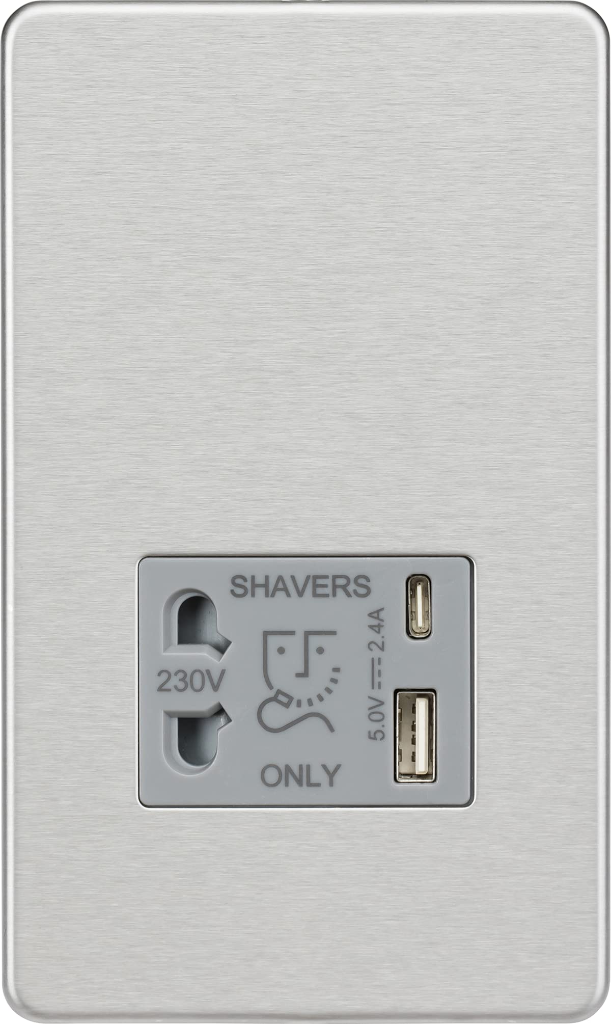 Knightsbridge Screwless Shaver Socket with Dual USB A+C (5V DC 2.4A Shared) - Brushed Chrome with Grey Insert — image 1