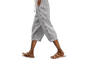 Striped Linen Pants for Women 2026 Summer Capris Casual Dressy High Waisted Boho Pants Drawstring Waist Beach Capris