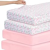 Stretchy Crib Sheets for Girls, 4 Pack Baby Sheets Fitted for Standard Crib and Toddler Mattress 52" x 28", Soft and Breathable Fitted Crib Sheets Neutral, Pink & Floral