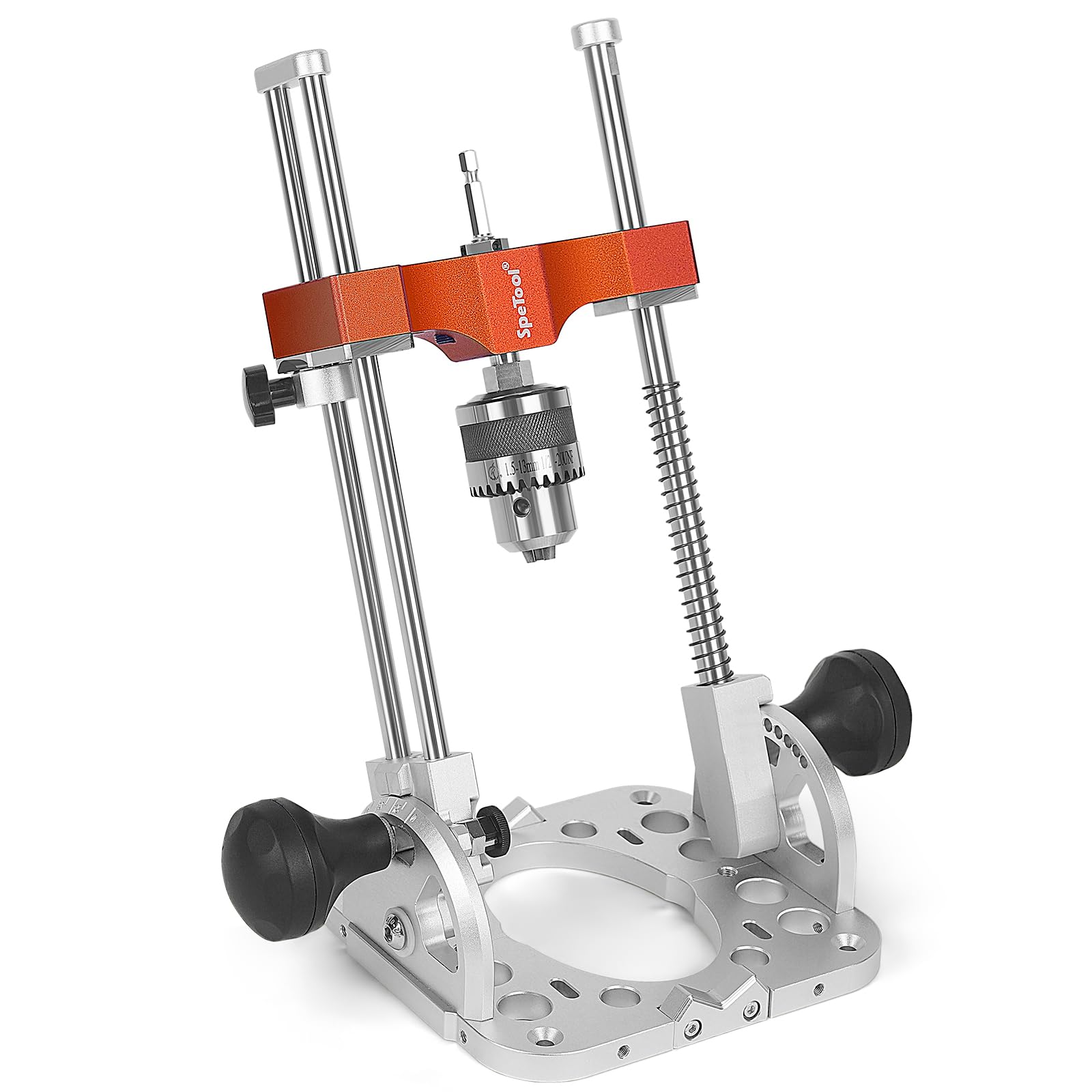 Photo 1 of SpeTool Portable Drill Guide with Liner Ball Bearings Guide Poles, 1/2” Chuck Drill Press Adapter for Hand Drill Adjustable from 0-60°, Multi Angle Drill Guide for Straight Holes Woodworking