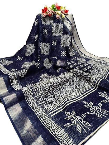 Women's Soft Linen Silk Saree with Blouse Piece (ME9_01 ; Blue)