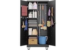 Aobabo Broom Closet Storage Cabinet with 4 Shelves, Garage Storage Cabinet with Wheels and Pegboard and Metal Hooks, Hanging Rod for Brooms and Mops,Kitchen Pantry, Black, Assembly Required