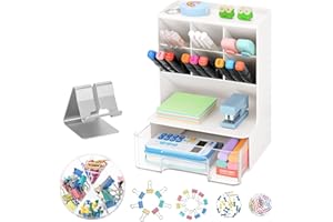LETURE Desk Organizers and Accessories with Drawer, Pen Pencil Marker Organizer for Desk, Office Supplies Desk Stationary Organizer Caddy + Mobile Phone Holder / 68 Clips Set (White)