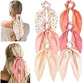 6 PCS Bow Silk Scrunchies, Hair Ties with Bows, Hair Scrunchies for Women Girls, Knotted Bow Silk Hair Ties, Satin Hair Ribbon Elastic Hair Tie Hair Accessories Valentine's Day Gifts, Cherry Pink-Long