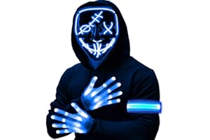 AMENON 3 Set Halloween Led Mask Light Up Scary Mask Gloves and led Armbands Glow in the Dark Halloween Costume Party for Adult Kid