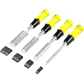 Yfzeok Wood Chisel Sets，4-Piece Woodworking Tools Set, CR-V Steel Beveled Edge Blades with Safety Caps. Durable PVC High Impact Handle, for Precision Carving &amp; DIY Projects (1/4", 1/2", 3/4", 1")