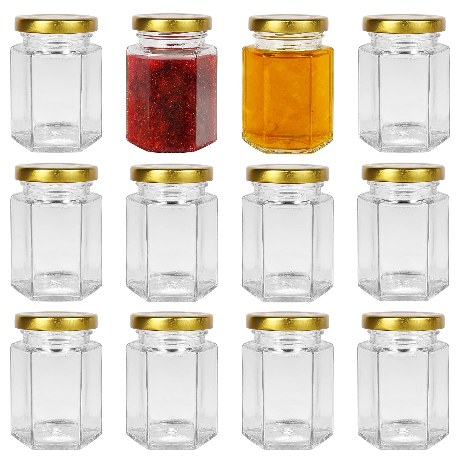 Yishik 12 Pack 4oz Hexagon Glass Jars with Gold Lids, 120 ml Glass Canning Jars for Jam, Spice, Candy, Jelly, Food Storage, Wedding Favors & Jars Crafts