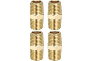 PATIKIL Solid Brass Hex Nipple Pipe Fitting Thread Adapter, 4 Pack 1/4" NPT x 1/4" NPT Male Water Line Connectors Couplings