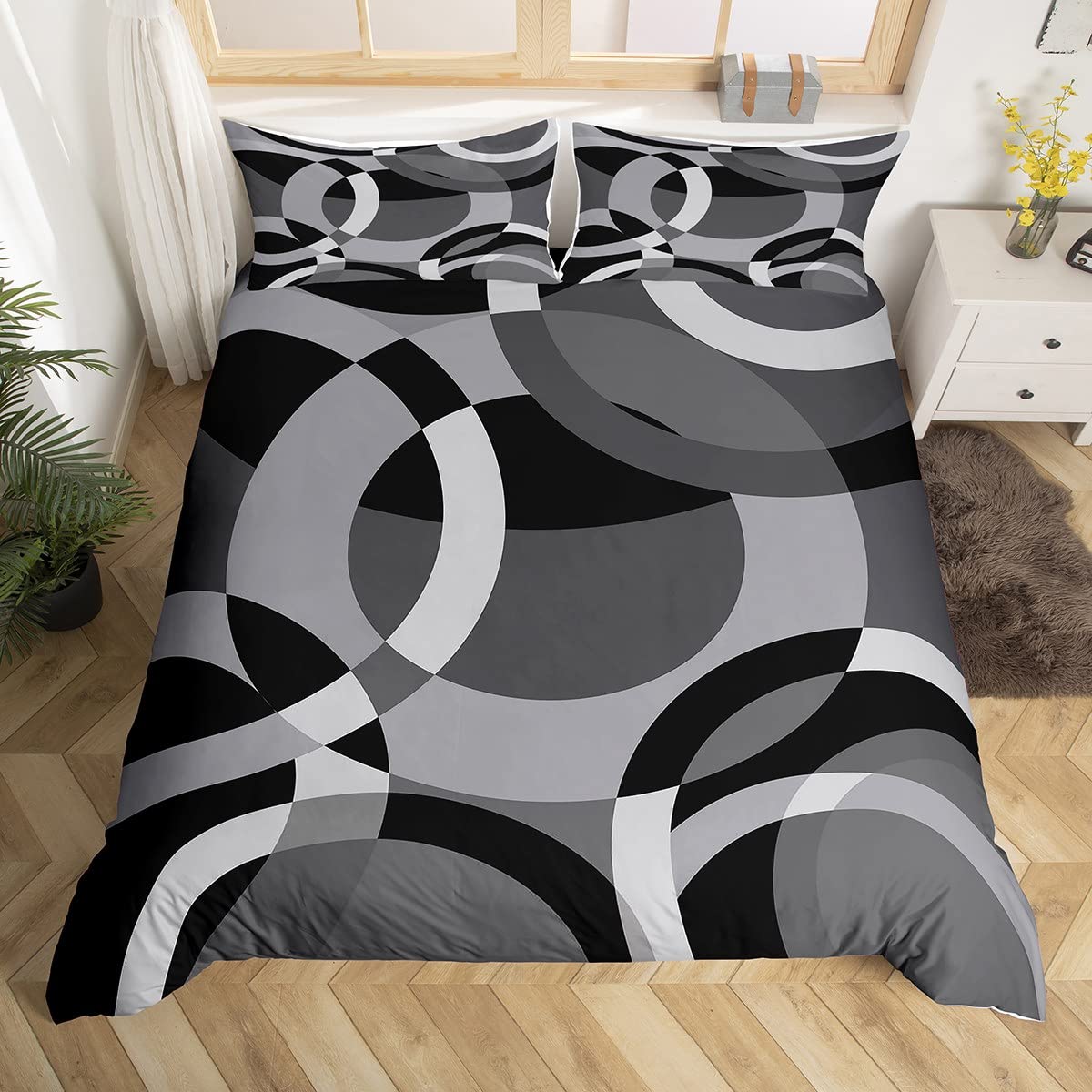 Loussiesd Circle Bedding Set Kids Gray Black Swirl Comforter Cover Set for Women Men Adults Modern Stripes Duvet Cover Breathable Geometric Bedspread Cover Single Size — image 1