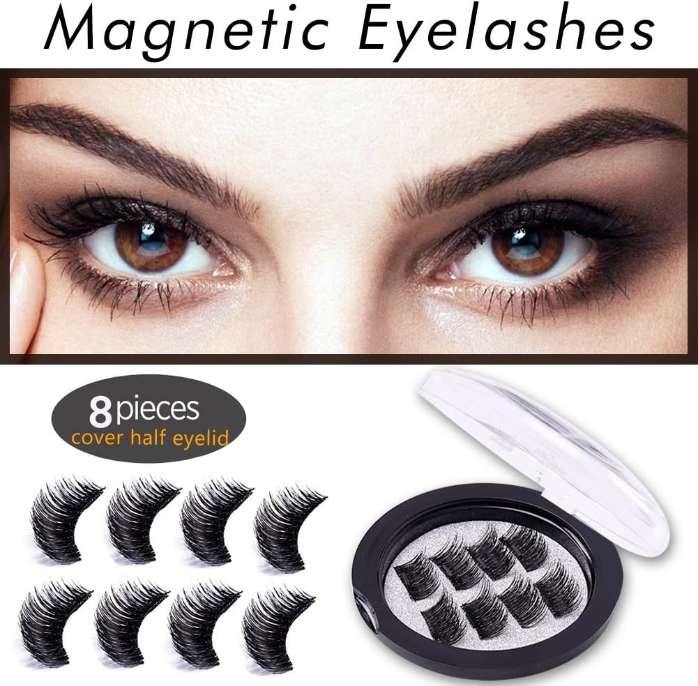 False Magnetic Eyelashes, 3D Reusable Fake Eyelashes for Natural Look, 0.2mm Ultra Thin Magnetic Eyelashes Set, Perfect for Deep Eyes& Round Eyes, 2 pairs 8 pcs