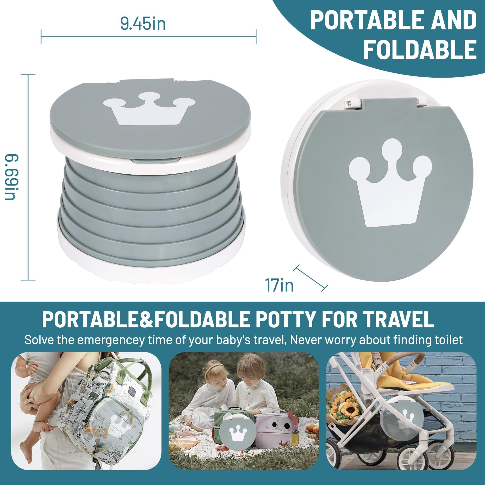 SunnySmile portable, foldable potty seat for toddler, Training Toilet Seat Emergency Toilet for Car, Camping, Outdoor, indoor (grey, small)