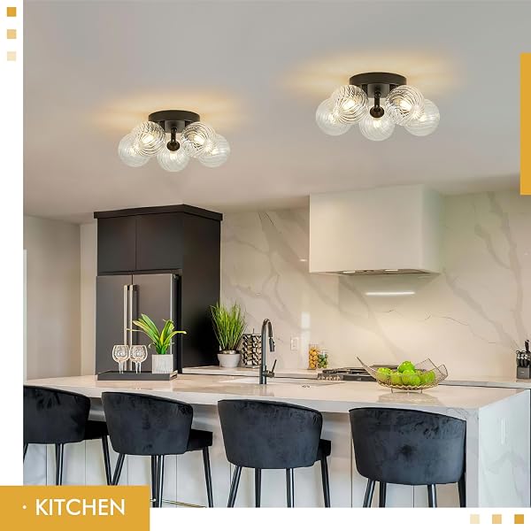 BRFAIXLA 5 LIGHTS SEMI FLUSH MOUNT CEILING BUBBLE LIGHT FIXTURE DIA 12.6″ BLACK CLOSE TO CEILING LIGHT MODERN SWIRLED CLEAR RIBBED BLOWN GLASS BALL CHANDELIER FOR HALLWAY ENTRYWAY KITCHEN DINING ROOM