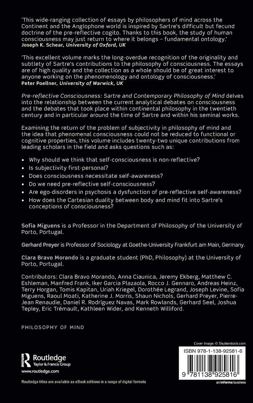 Pre Reflective Consciousness Sartre And Contemporary Philosophy Of Mind Miguens Sofia Preyer Gerhard Morando Clara Amazon Es Libros