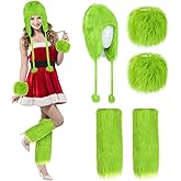 Skicuff 5 Pcs Christmas Green Monster Santa Costume Accessories for Women Lime Green Hat Fuzzy Faux Leg Warmer for Cosplay
