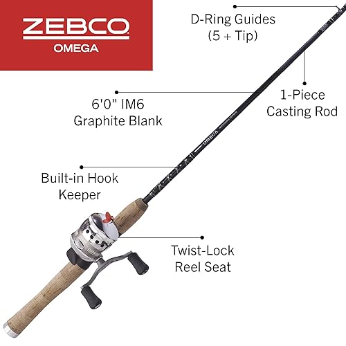 Zebco Omega Spincast Reel and Fishing Rod Combo, 6-Foot 1-Piece IM6 Graphite Fishing Pole, Natural Cork Rod Handle, Size 30 Reel, Pre-spooled with 10-Pound Zebco Line, Silver in Saudi Arabia | Whizz Zebco Omega Spincast Reel and Fishing Rod Combo, 6-Foot 1-Piece IM6 Graphite Fishing Pole, Natural Cork Rod Handle, Size 30 Reel, Pre-spooled with 10-Pound Zebco Line, Silver in Saudi Arabia | Whizz
