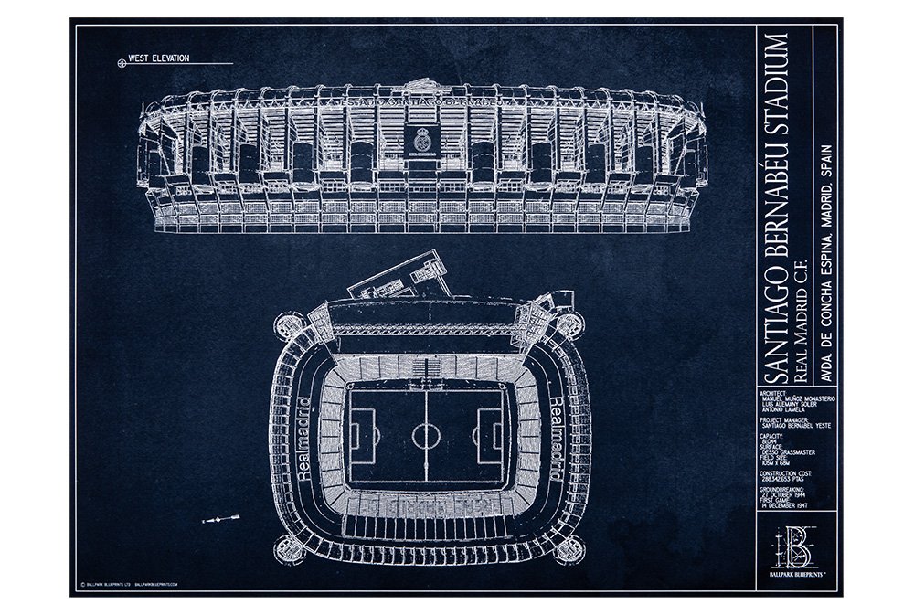 Santiago Bernabéu Stadium Blueprint Style Print - Real Madrid
