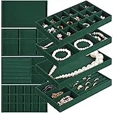 Homaisson Jewelry Organizer for Drawer, Velvet Jewelry Tray, Multiple Compartment Layout, Set of 4 Jewelry Organizer for Rings, Earrings, Bracelets, Necklaces (Green)