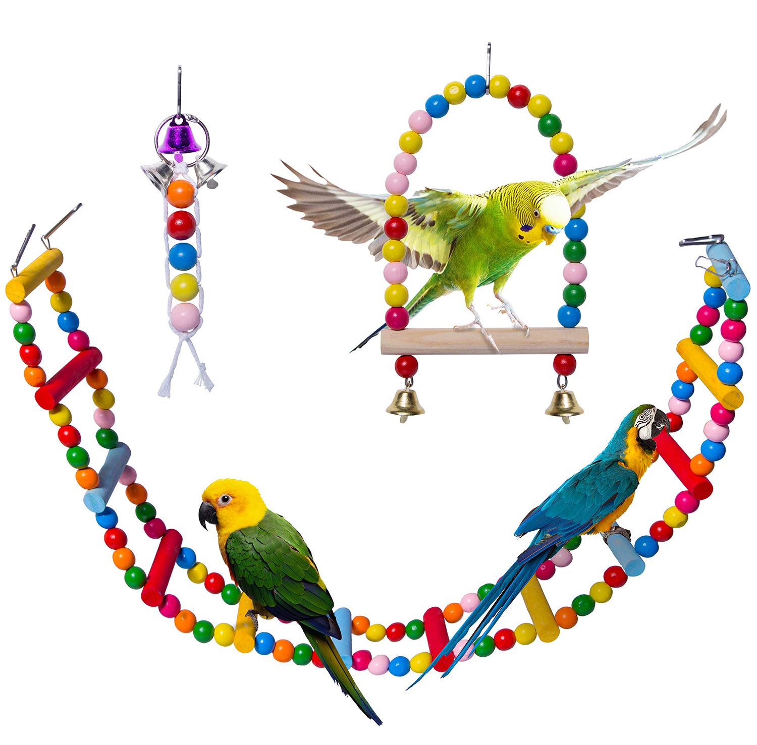 Petsvv 3 Pack Bird Ladder Parrot Toys, Natural Wooden Bird Toys for Parakeet Parrots Cockatiel Conure Macaw Trainning, Parrot Swing Ladder Cage Accessories