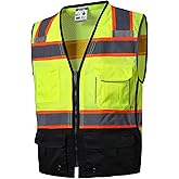 SKSAFETY 10 Pockets Hi Vis Safety Vest with Reflective Strips, ANSI/ISEA Standard, Class 2 High Vis Security Vest (Lime Black, M)