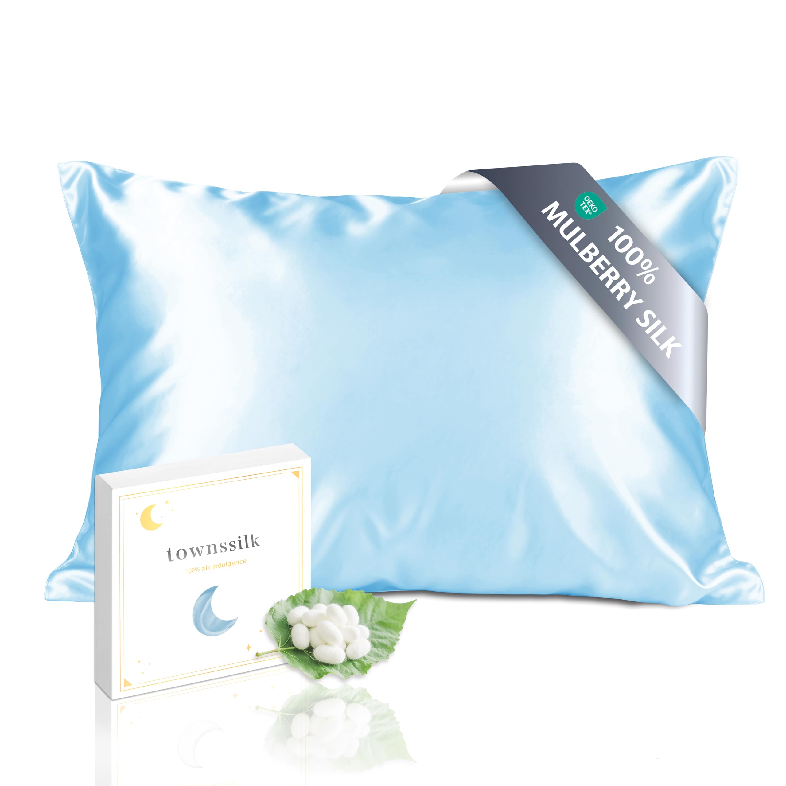 townssilk Both Side 100% 19mm Silk Pillowcase with Hidden Zipper Iceblue 50X70CM