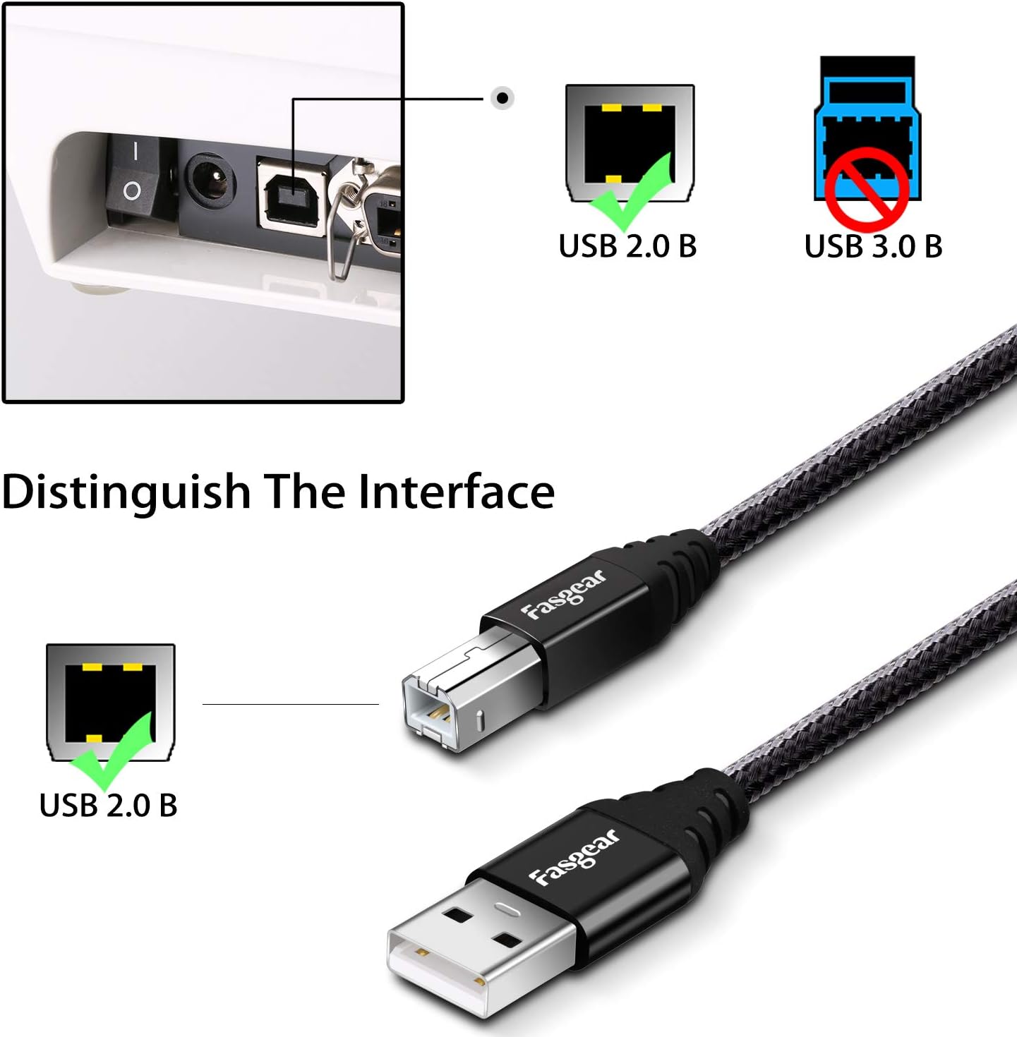 Fasgear USB B Midi Cable, USB 2.0 Printer Cable USB, A Male to B Male