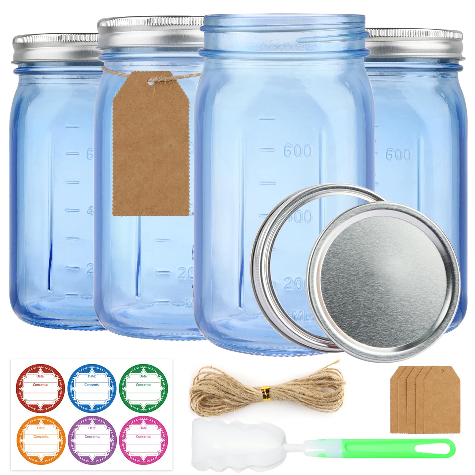 Photo 1 of CARBLIN 4 Pack Mason Jars 32 oz, Blue Wide Mouth Canning Jars with Airtight Lids, Glass Pint Jars with Bands Labels Brush, Large Storage Quart Jars for Jam Fermenting Preserving