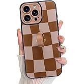 KANGHAR Compatible with iPhone 16 Pro Case, Silicone Checkered Cute Pattern, Wristband Kickstand Camera Protection Soft Slim Cover for Girls Women -Brown