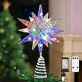Lewondr Christmas Tree Topper, Plug in 3D Starburst Xmas Lighted Star Tree Topper, Remote Control & Timer Light Up Vintage Moravian Tree Topper for Christmas Decoraiton, Colorful Light, Silver White