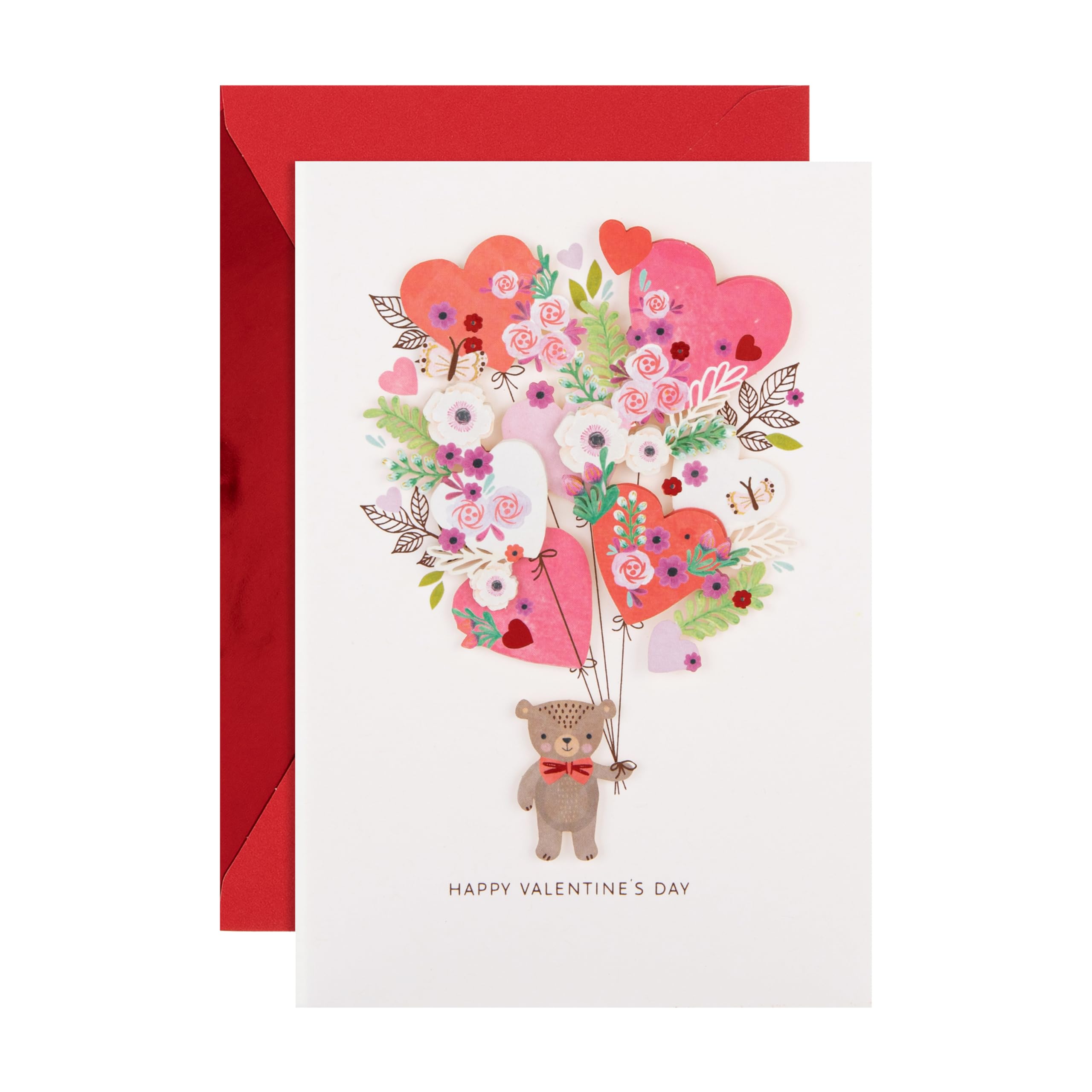Hallmark Valentines Day Card, Cute Bear, Hearts & Florals Design, Pink, Red, Green
