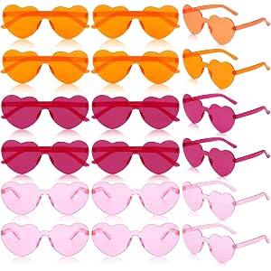 Mowane 18 Pairs Heart Shaped Sunglasses Bulk, Rimless Party Sunglasses for Adults, Pink Orange Rose Red for Tequila Sunrise S