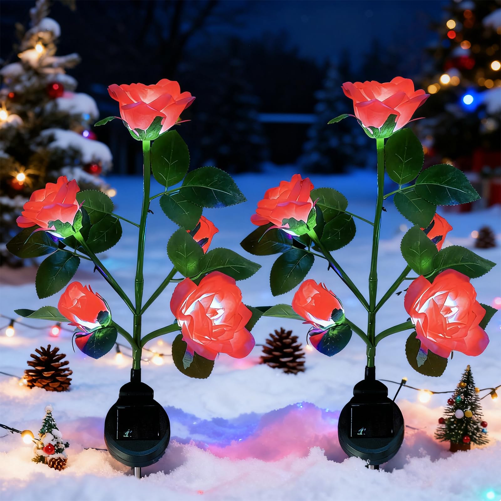 XVZ Solar Lights Outdoor Garden, 2 Packs Solar Flower Garden Stake Lamps with 10 Rose Waterproof Decorative Lights for Lawm Garden Patio Yard Pathway Party Decoration(red)