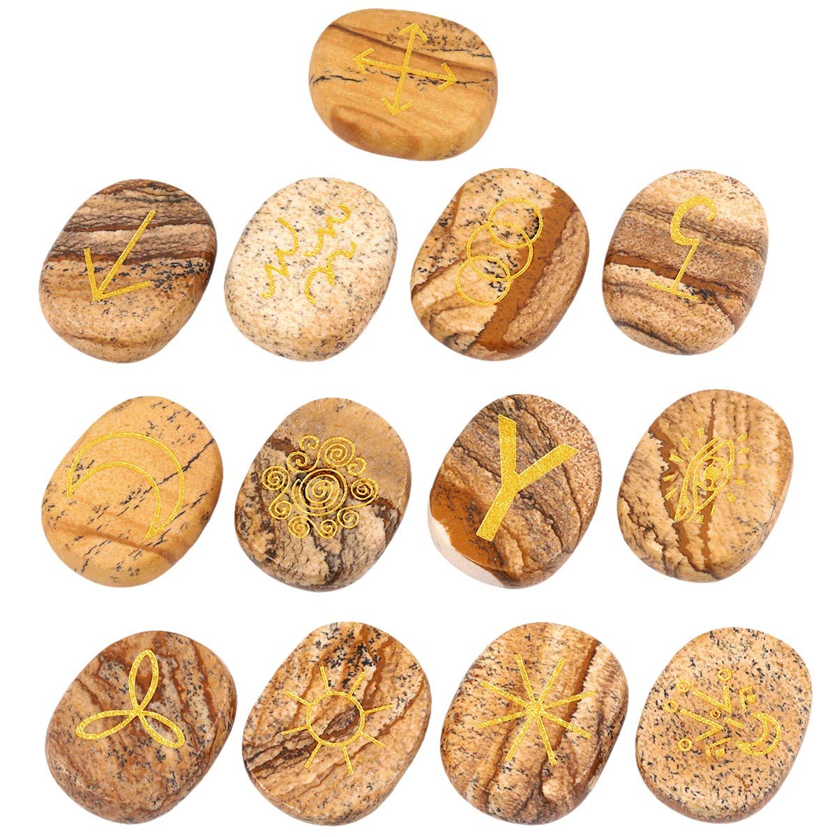 mookaitedecor 13pcs Picture Jasper Witches Runes Set, Reiki Stones Engraved Gypsy Symbol, Healing Crystal Palm Stone for Meditation Divination Spiritual Wiccan Gifts Witchcraft Altar Decor