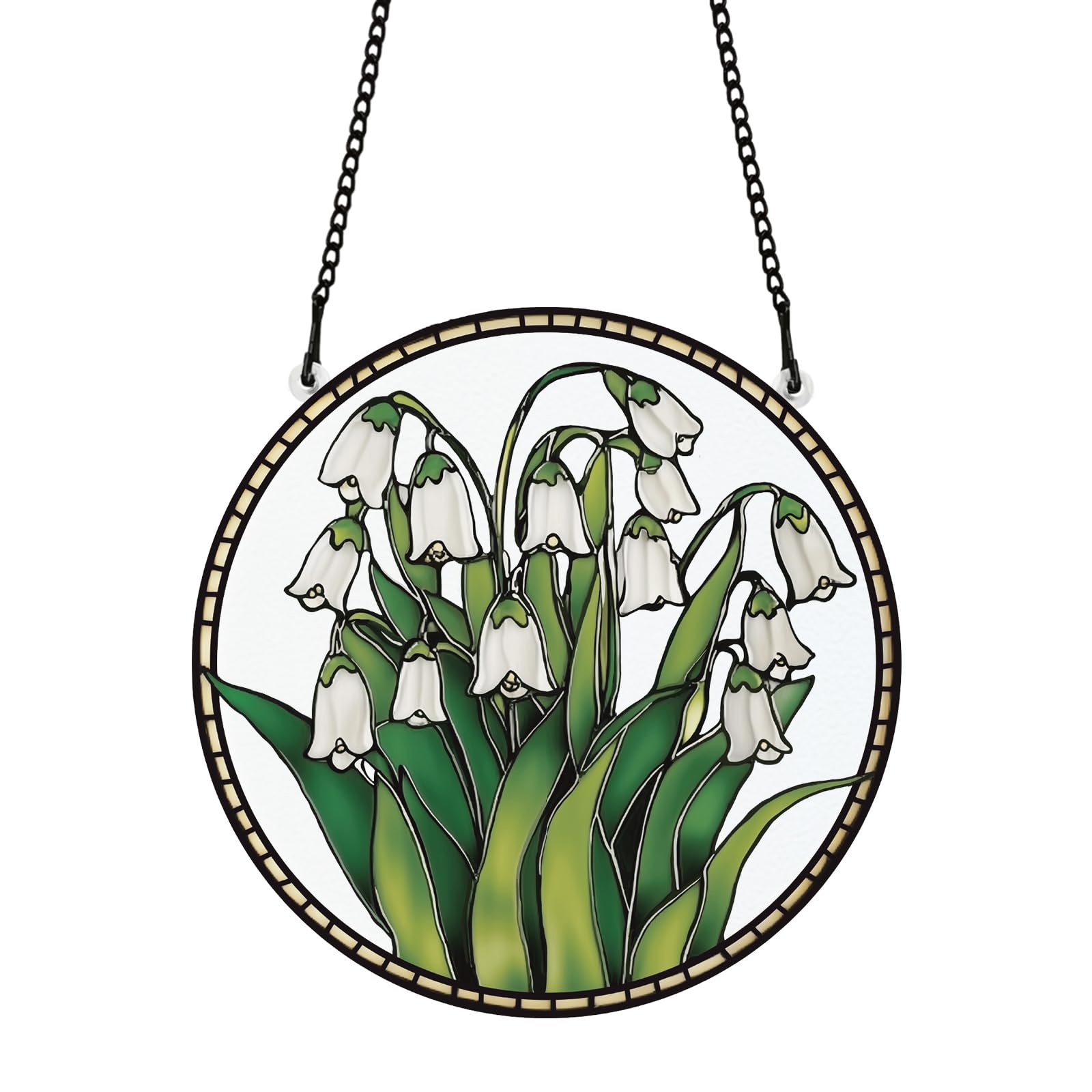 PLIGREAT Lily of The Valley Stained Suncatcher Window Wall Art Hanging Ornament Painted Flowers Acrylic Panel Crafts for Bedroom Living Room Wall Home Decor Garden Outdoor Hanging Decoration