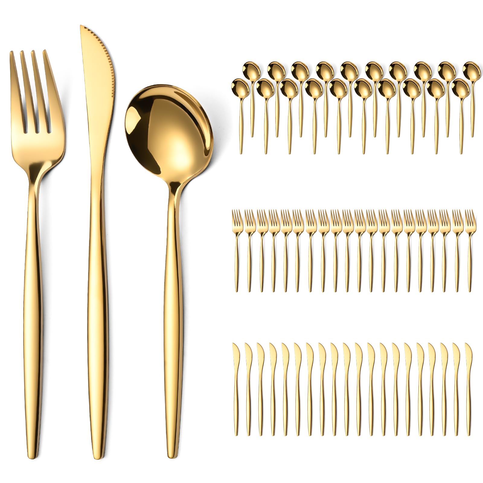Photo 1 of **MISSING 3 FORKS**ERVILO 60 Piece Gold Silverware Set for 20, Stainless Steel Flatware Set with Thickened Knives Forks and Spoons, Mirror Finish Cutlery Set for Wedding, Parties, Restauroom, Gold