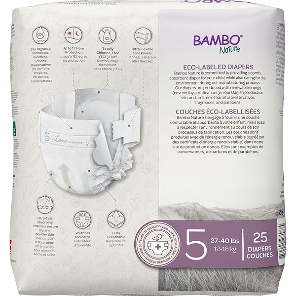 BAMBO NATURE PREMIUM ECO-FRIENDLY BABY DIAPERS, SIZE 5 (27-40 LBS), 25 COUNT