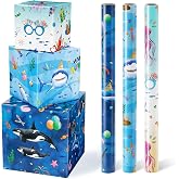 WERNNSAI Blue Ocean Wrapping Paper, 3 Rolls x 10ft Shark and Sperm Whale | Under The Sea Gift Wrap Paper, Happy Birthday Wrapping Paper, Baby Shower Wrapping Paper, Summer Party Favor, for Boy Girl