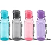 Bulk Set of 4 10oz Multicolor Water Bottles for Kids and Adults - Leak Proof With Carry Strap - Square Reusable for Juice, Drinks - BPA-Free Dishwasher-Safe