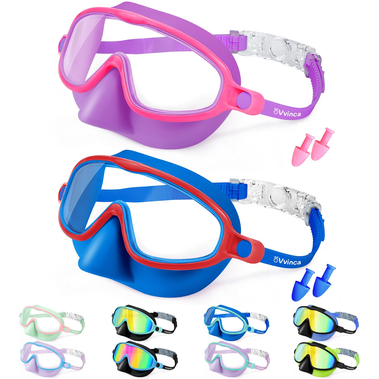 Vvinca Swim Goggles with Nose Cover, 2 Pack Wide View Diving Mask Anti-Fog UV No Leak Toddlers Swimming Goggles for Kids 3-12