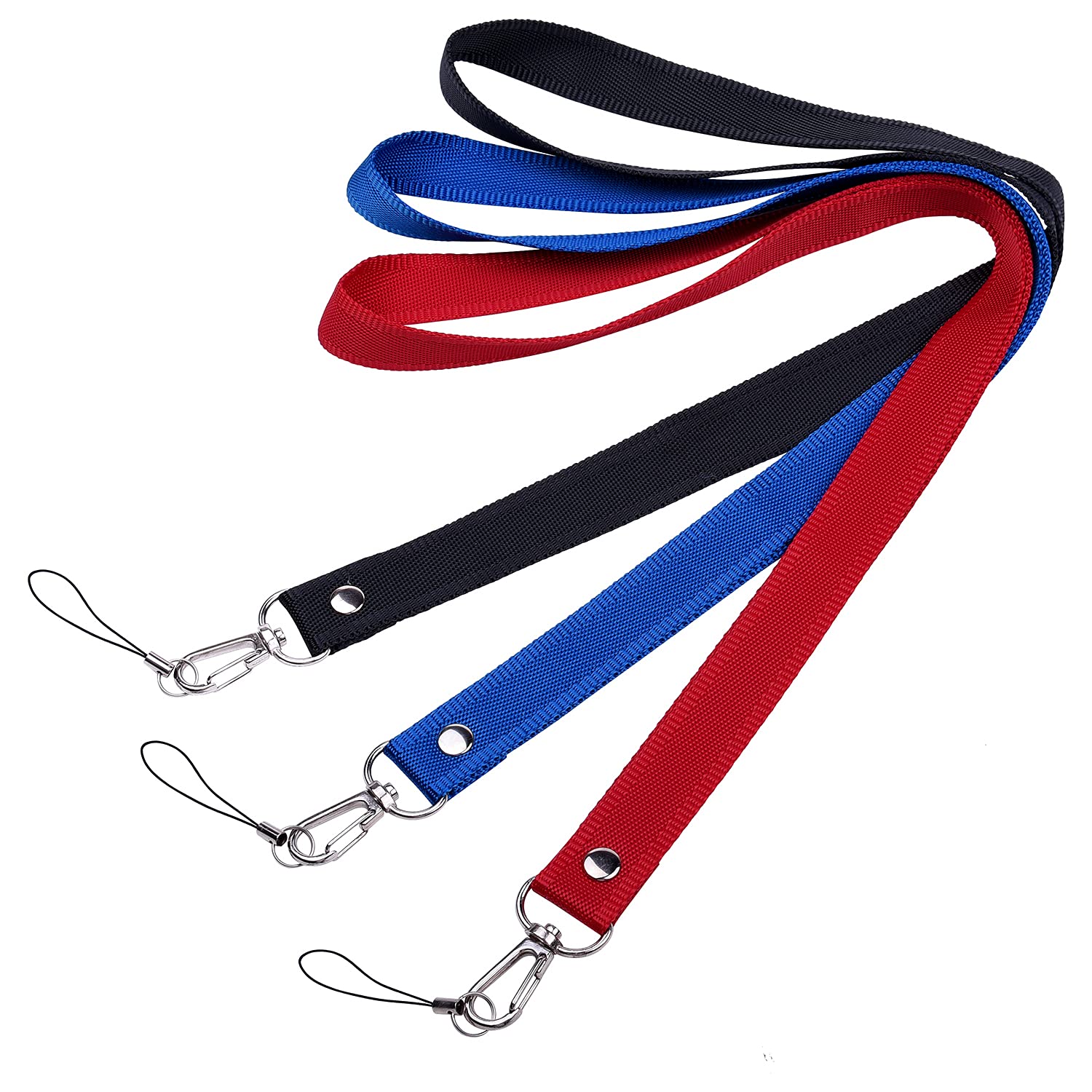 wisdompro 3 Pcs Office Lanyard, 19 inch Plain Nylon Neck Strap Lanyard with Metal Hook & Tone Split Ring for USB Flash Drive, Keys, Keychains, ID Badge Holders, Phones - Black, Red, Blue
