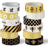 Whaline 12 Rolls Bee Washi Tape Summer Honey Bee Honeycomb Foil Gold Black Washi Masking Tape Bumblebee Daisy Dots Adhesive Masking Tapes for Scrapbook Gift Wrapping DIY Art Crafts