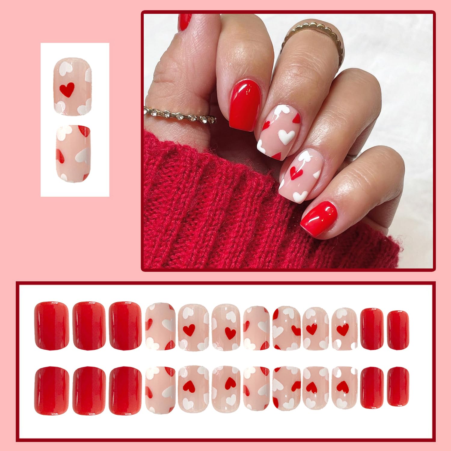 OCOUYVD Heart Press on Nails Short Square Valentines Fake Petite Red Stick on Full Cover False With Red White Heart Designs Acrylic Glossy Artificial for Women Girls - Image 2