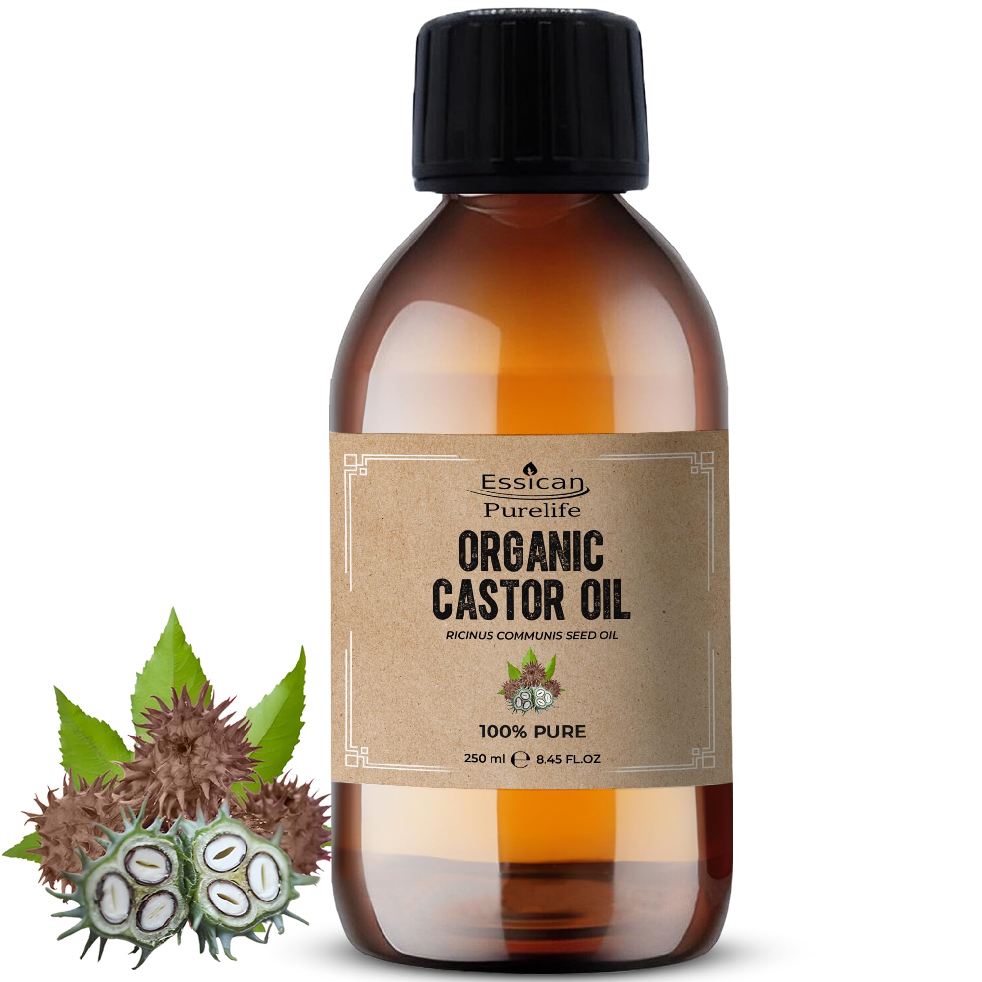 Essican Purelife Organic Cold Pressed Castor Oil for Hair Growth 250ml, Pure Organic Castor Oil for Eyelashes, Skin Moisturiser, Eyebrow Oils Enhancement - Ideal for Body, Nails & Beard Cruelty-Free