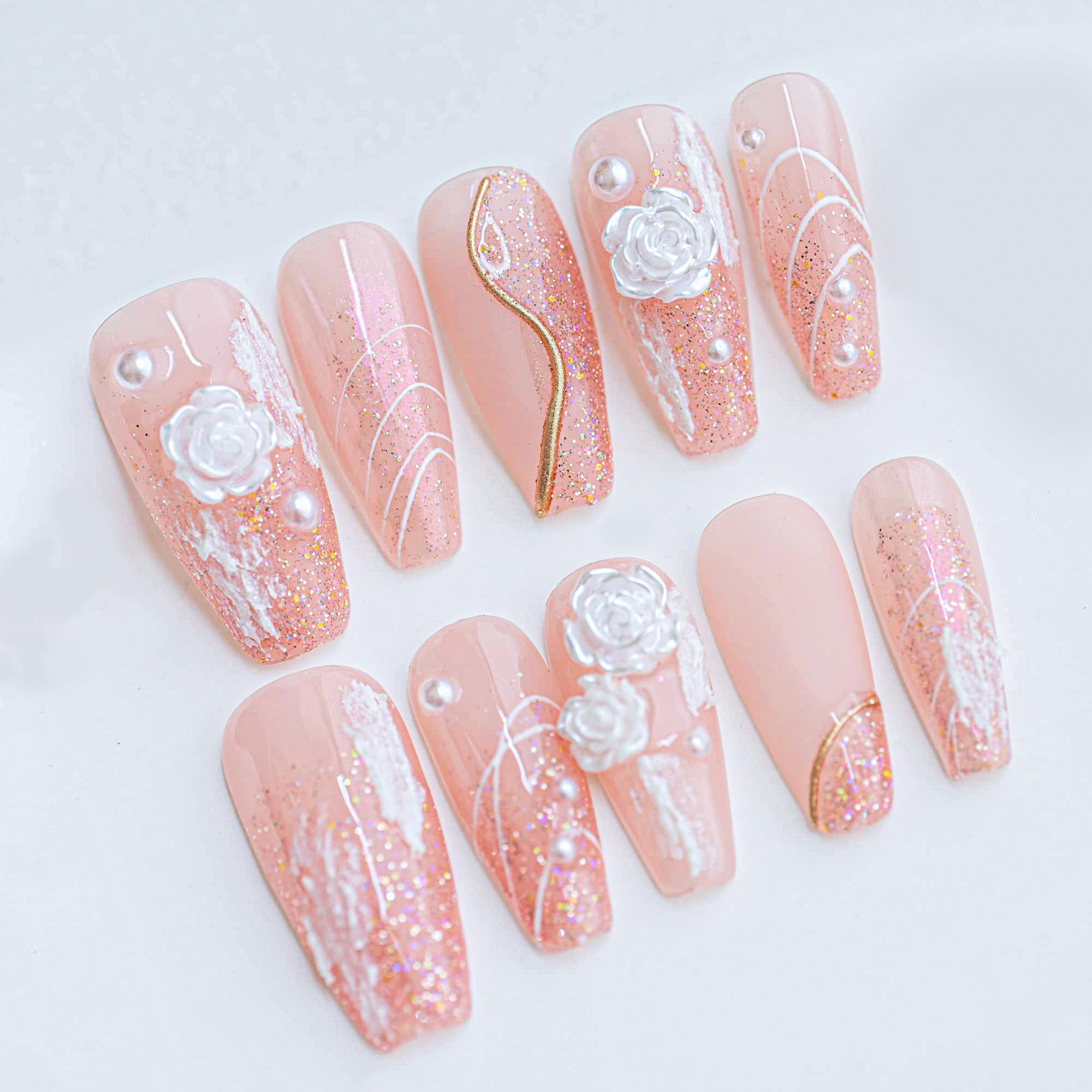 Sun&Beam Nails Handmade Press On Nails Long Coffin Peach Pink Glitter with White Roses and Pearls 10 Pieces for Everyday Wear and Special Occasions (#002 M)