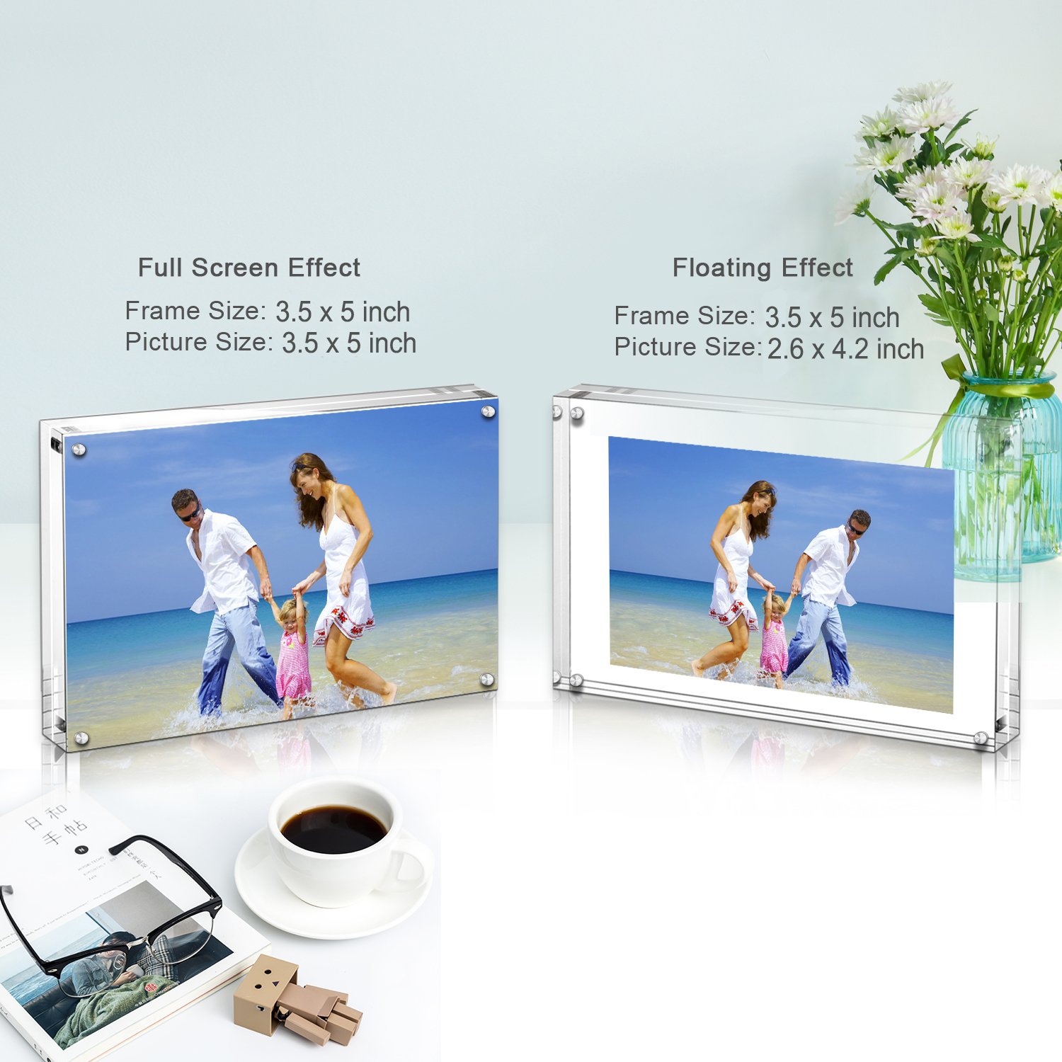 Acrylic Photo Frames,3.5x5\'\' Double Sided Magnetic Picture Frame, Desktop Frameless Postcard Display