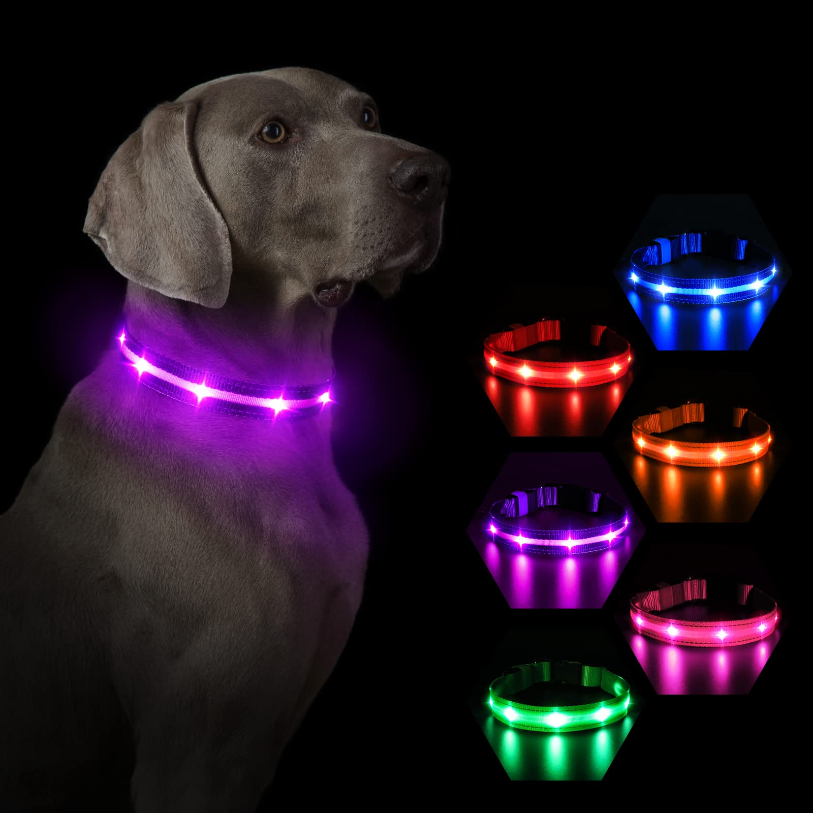 MASBRILL Light Up Dog Collar, Dog Collars Light for the Dark, Rechargeable LED Dog Collar Waterproof 3 Glowing Modes, Adjustable Flashing Dogs Collar for Small Medium Large Dogs Night Walking