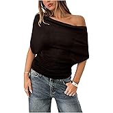 SHENHE Women's Off The Shoulder Sweater Short Sleeve Loose Fit Dressy Bat Wing Sweater Pullover