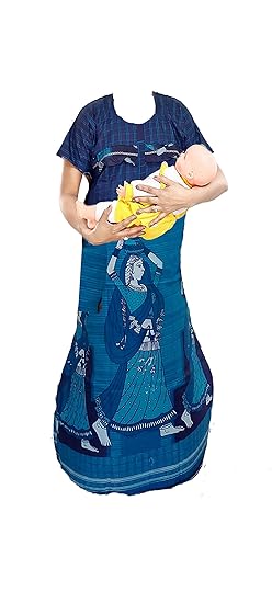 ABB- Feeding Maternity Nighties / 100% Pure Cotton/Size-XXL/Dark Blue with Light Blue Checked/Dancing Girl Design