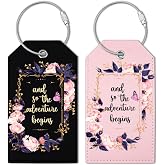Leather Travel Stamp Luggage Tags for Suitcase 2 Pack Luggage Tag Cute | Retro Passport Carte Postale Luggage Tag Leather Privacy Cover ID Label with Stainless Steel Loop for Women